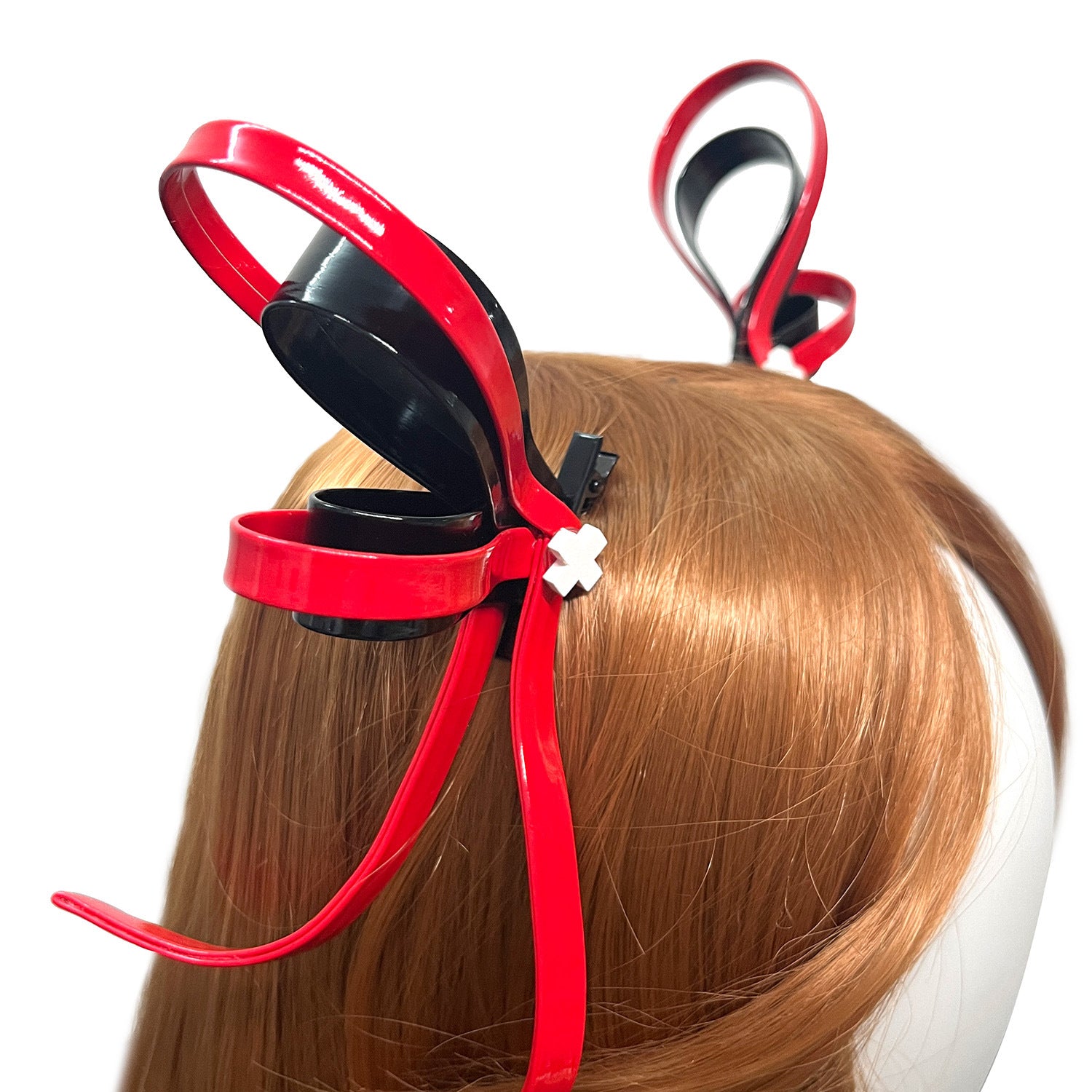 Edgy Red-Black Bunny Ear Hair Clips for Gothic & Cosplay