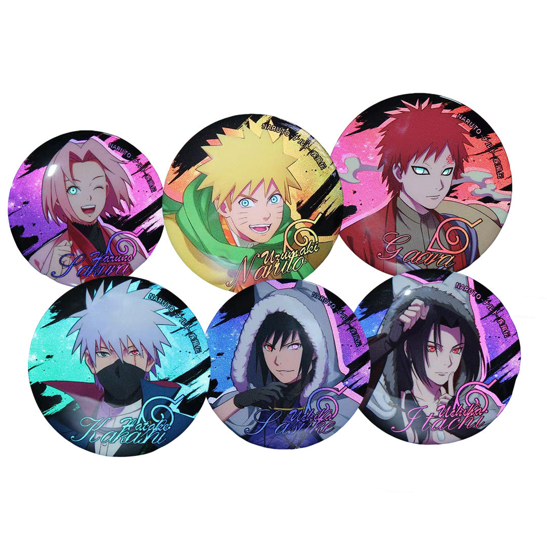 Naruto Shippuden Holographic Button Badge Set – 6 Anime Pins 58mm